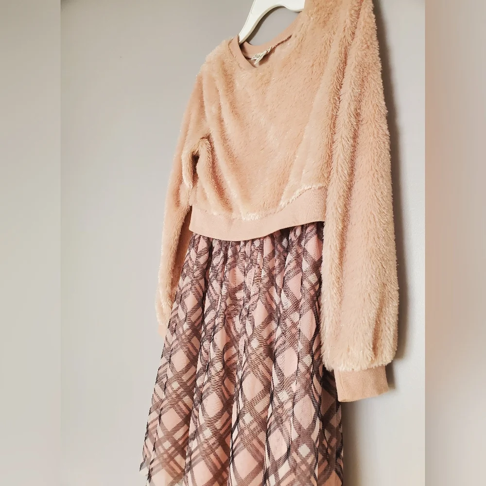 Knitworks Girls 2-Piece Dress Set - Faux Fur Crop Top & Plaid Skirt - Size 14